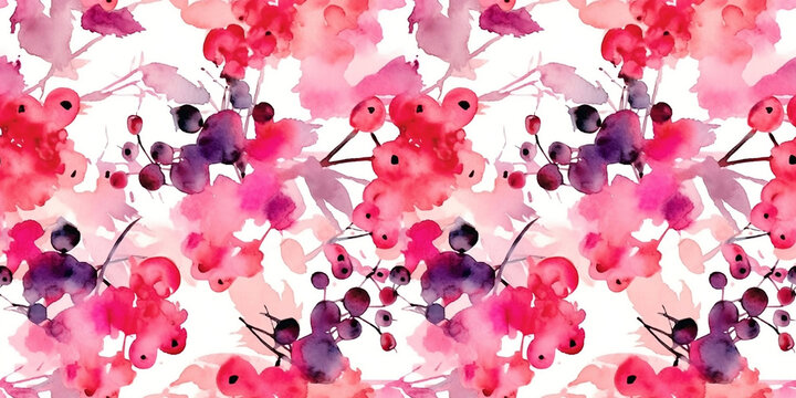 Watercolor seamless pattern with wild berries and currants, twigs and leaves. Floral drawn background for design, fabric, paper, wallpaper, packaging. Generative AI