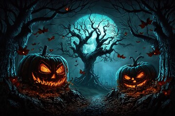 Fototapeta premium Scary halloween pumpkins and creepy trees on a path in the woods, Dark and scary night halloween background concept.