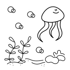 Cute jellyfish on the seabed. Doodle black and white vector illustration.