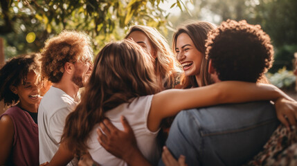 A group of friends huddled together, arms around each other, cheering and celebrating a special moment Generative AI