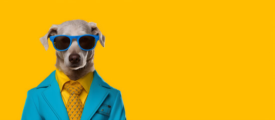 A portrait of a funky chihuahua dog wearing sunglasses, blue jacket and yellow shirt and tie on a seamless yellow background, copy space for text, banner. Generative AI technology