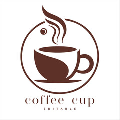 Coffee shop logo template, natural abstract coffee cup with steam, coffee house emblem, creative cafe logotype, modern trendy symbol design vector illustration isolated on white background sign.