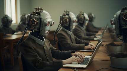 Obraz premium Humanoid robots working in the office at the computer. Generative AI