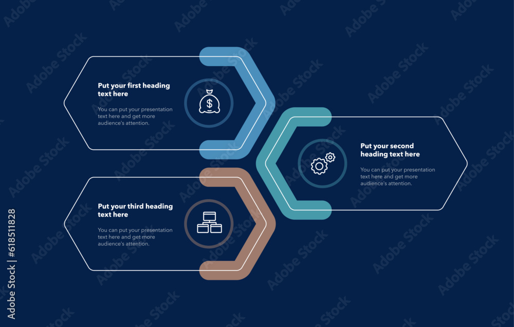 Poster commercial infographic template with three colorful options or steps - dark version. slide for busin