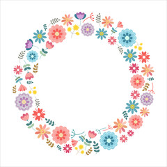Vector floral wreath. Flower illustration in flat style. Round frame, trendy print, sticker, emblem, sublimation