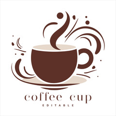 Coffee shop logo template, natural abstract coffee cup with steam, coffee house emblem, creative cafe logotype, modern trendy symbol design vector illustration isolated on white background sign.