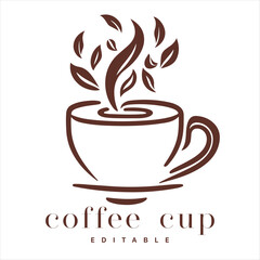 Coffee shop logo template, natural abstract coffee cup with steam, coffee house emblem, creative cafe logotype, modern trendy symbol design vector illustration isolated on white background sign.