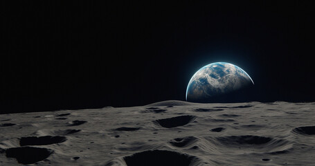 Moon, surface and earth view in space, universe and galaxy for science research, astrology and...