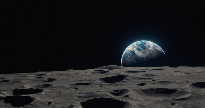 Moon, surface and earth view in space, universe and galaxy for science research, astrology and planet exploration. Ai generated crater, astronomy and solar system with world, dark sky or night mockup