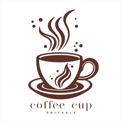 Coffee shop logo template, natural abstract coffee cup with steam, coffee house emblem, creative cafe logotype, modern trendy symbol design vector illustration isolated on white background sign.