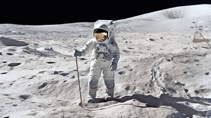 Astronaut, person and moon surface exploration for solar system, universe or planet landing. Ai generated, spaceman and safety suit on lunar discovery, space mission and science navigation background