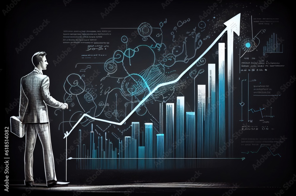 Poster man drawing graph on blackboard illustration generative ai