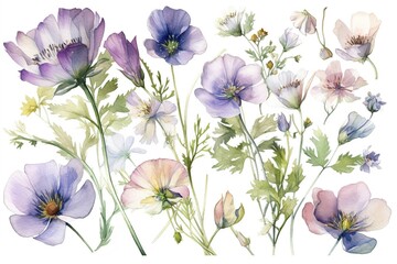 watercolor flowers isolated on white background. Generated by AI.