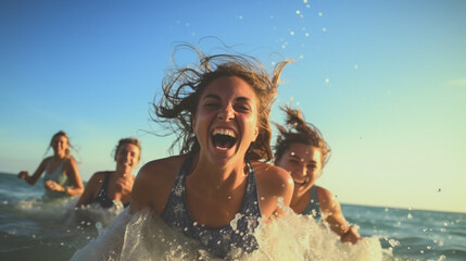 A group of friends laughing and splashing in the ocean waves, embodying carefree joy and playful camaraderie Generative AI