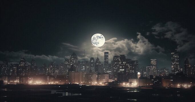 Moon, cityscape and night view with buildings, infrastructure and urban architecture in late evening. Ai generated, landscape and downtown city with dark sky, moonlight and planet star with mock up