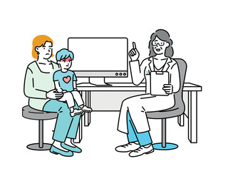 A sick child and his mom seeing a doctor at the hospital.