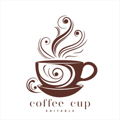 Coffee shop logo template, natural abstract coffee cup with steam, coffee house emblem, creative cafe logotype, modern trendy symbol design vector illustration isolated on white background sign.