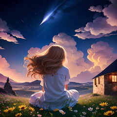 Beautiful blonde girl in white pajamas enjoying the big starry night sky, watch the star fall. Summer night