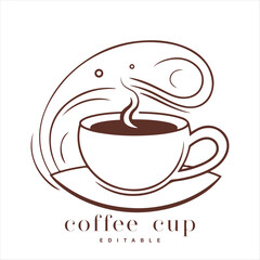 Coffee shop logo template, natural abstract coffee cup with steam, coffee house emblem, creative cafe logotype, modern trendy symbol design vector illustration isolated on white background sign.