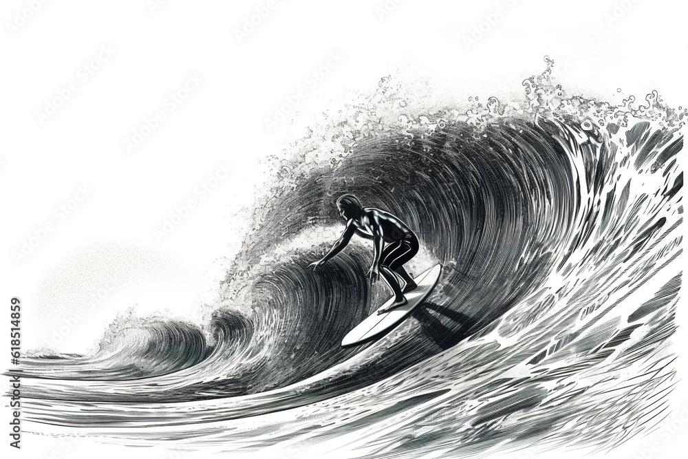 Poster black and white drawing of a surfer on the waves. generated by ai.