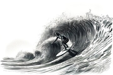 black and white drawing of a surfer on the waves. Generated by AI. - obrazy, fototapety, plakaty