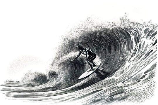 black and white drawing of a surfer on the waves. Generated by AI.