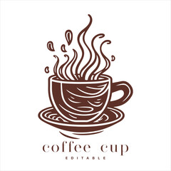 Coffee shop logo template, natural abstract coffee cup with steam, coffee house emblem, creative cafe logotype, modern trendy symbol design vector illustration isolated on white background sign.