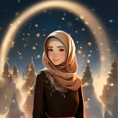 cute Muslim cartoon, Vector Female Cartoon Character.