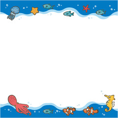 手描きの波に乗るさかなのフレーム（正方形）