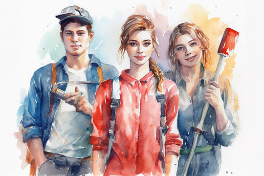 Group of teens with  tools, apprentice for a job, learning new skills, generative AI