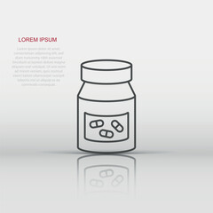 Pill bottle icon in flat style. Drugs vector illustration on white isolated background. Pharmacy business concept.