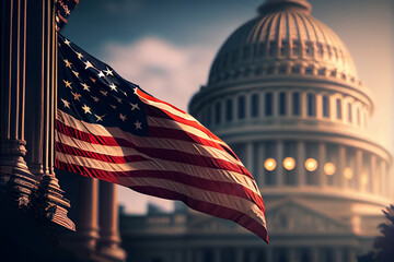 illustration of White house Washington DC Capitol dome detail with waving american flag. AI - obrazy, fototapety, plakaty