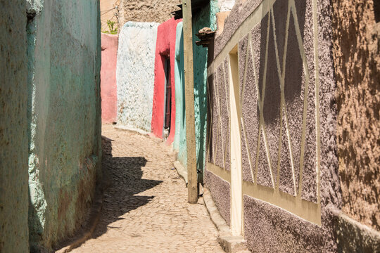 Colorful narrow cobblestone road in the ancient city of Harar, Ethiopia, a Unesco World Heritage Site