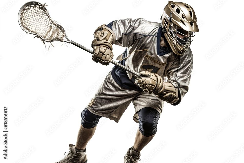 Poster lacrosse player isolated on white background. generated by ai.