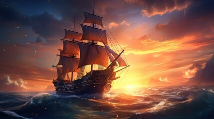 art illustration of big ancient pirate ship sailing on rough sea, Generative Ai 