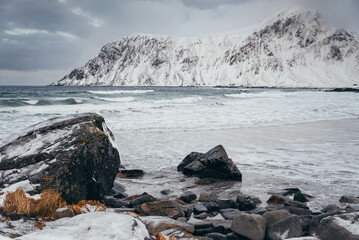 snowy beach in the lofoten islands, norway.
@ Haukland Beach