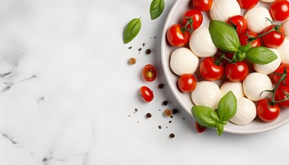Naklejka na ściany i meble Delicious mozzarella balls in bowl, tomatoes and peppercorns on white marble table, flat lay. Space for text