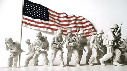 American Flag concept art with soldiers, matte, white background, Memorial Day, USA, Soldier, US Army, Military, America, Honor, Freedom. Generative AI