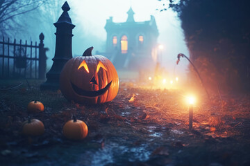 Halloween pumpkin and haunted old house, foggy autumn backyard.