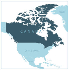 Canada - blue map with neighboring countries and names.