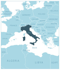 Italy - blue map with neighboring countries and names.