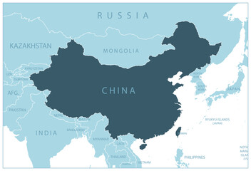 China - blue map with neighboring countries and names.