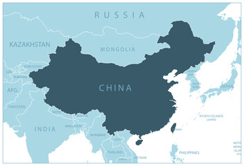 Obraz premium China - blue map with neighboring countries and names.