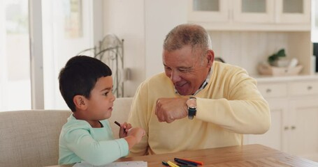 Happy grandparent, homework or child high five for learning development or success in family house. Support, fist bump or excited grandfather teaching a creative boy or artistic kid writing skills - Powered by Adobe
