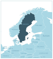 Sweden - blue map with neighboring countries and names.