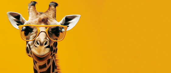 giraffe with sunglasses on yellow background generative AI - obrazy, fototapety, plakaty