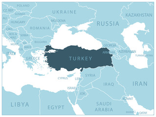 Obraz premium Turkey - blue map with neighboring countries and names.