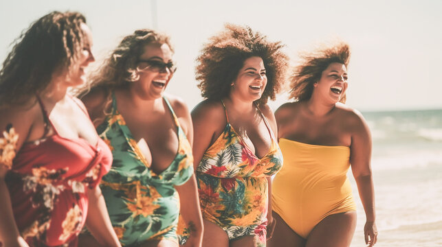 group of beautiful plus size women having fun at the beach, body positivity generative AI