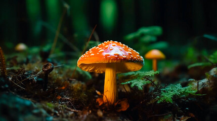 Fototapeta premium magic mushroom glowing in forest Generative AI