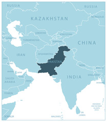 Pakistan - blue map with neighboring countries and names.